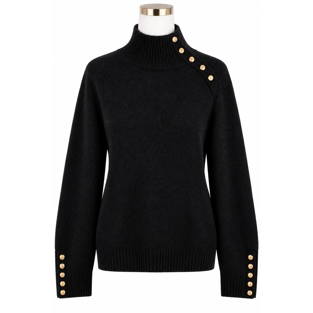 Maje 100% Cashmere Black Turtleneck Sweater Gold Buttons Size 3 US L